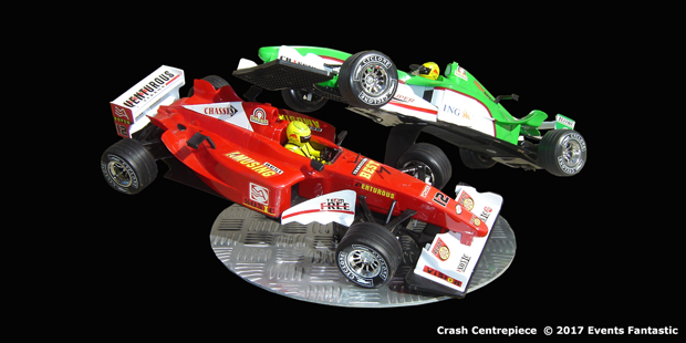 Champ Car crash centrepiece on metal base