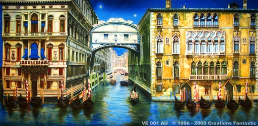 Illustration of the romantic Canals of Venice with gondolas gliding past old buildings and under the enchanting Bridge of Sighs beneath a twilight sky.