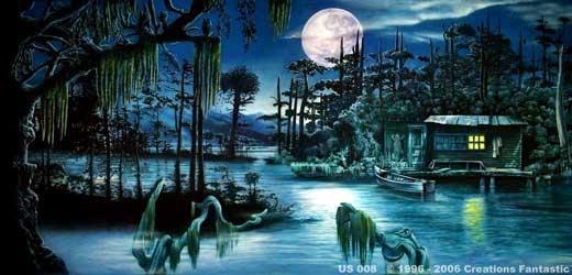 A moonlit bayou scene with a cabin on the right, a small boat on the water, and ethereal figures rising from the water. Shadowy trees with Spanish moss surround the Louisiana area.