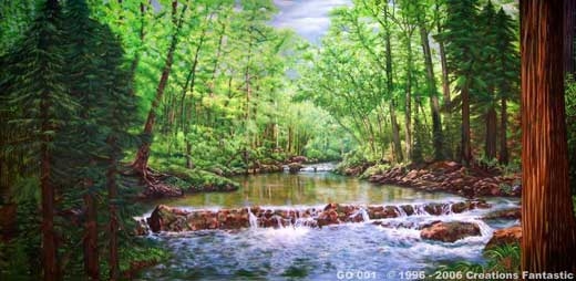 A serene forest scene with lush green trees and a river flowing over rocks under a partly cloudy sky, perfect for outdoor activities in the great outdoors.