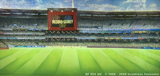A large sports stadium with a green field is shown. The scoreboard displays "Record Score!" with fireworks graphics, and the stands are filled with enthusiastic spectators.
