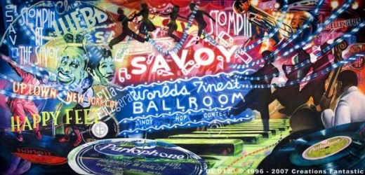 A colorful mural depicts the lively history of the Savoy Ballroom in Harlem, featuring dancing silhouettes, music notes, record players, and various phrases and names associated with the iconic jazz venue.