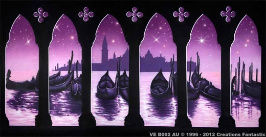 A series of gothic-style arched windows frame a view of gondolas on serene water under moonlight and a starry night sky, with the silhouette of Venice's city skyline in the background.
