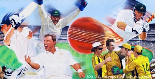 Collage featuring cricketers in action, showcasing batting, bowling, and celebrating moments. The backdrop includes a large, stylized red cricket ball and a stadium. Image dated 2013. Cricket enthusiasts will love this vibrant portrayal of the sport's dynamic energy.