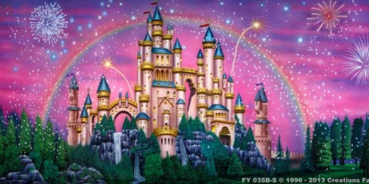 Illustration of a fairy tale castle with teal rooftops and golden spires, surrounded by fireworks, a rainbow, and a pink sky. Lush greenery and rock formations surround the enchanting castle's base.