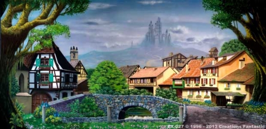 A quaint village scene with half-timbered houses is set amid lush greenery, a stone bridge, and a castle on a distant hill, under a partly clouded blue sky.