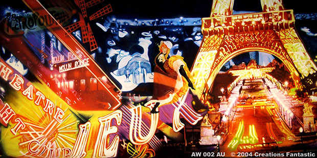 A vibrant collage featuring the Eiffel Tower, Moulin Rouge, and other Paris landmarks, highlighted with neon lights and colorful animations. Perfect for travel enthusiasts, with texts "Theatre" and "Moulin Rouge" visible on the left. This captures the essence of Paris tourism beautifully.