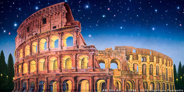 Illustration of the Roman Colosseum at night, with the ancient amphitheater illuminated and a starry sky in the background.