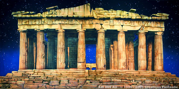 A digital illustration of the Parthenon in Athens, an ancient Greek temple, with a starry night sky background, showcasing its iconic columns and partially ruined structure.