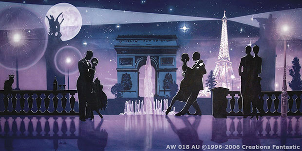 Under the moonlight, people dance and socialize on a balcony at night with the Eiffel Tower and the Arc de Triomphe illuminated in the background, capturing the enchanting spirit of Paris.