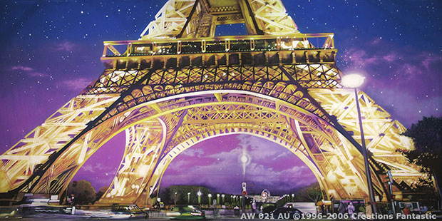 View up the iconic Eiffel Tower at night, illuminated with golden lights. Stars are visible in the purple Paris sky, and there are trees and vehicles at the base of this famous landmark.