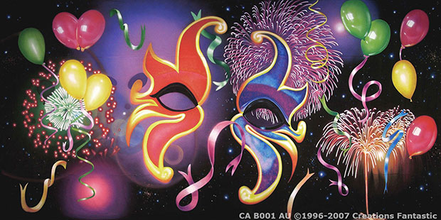 Two colorful carnival masks, surrounded by heart-shaped and regular balloons, ribbons, and fireworks on a dark background.
