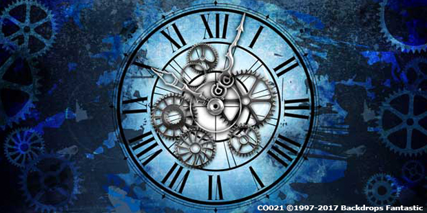 Steam Punk time backdrop with tones of blue and polished silver ornate clock cogs with roman numeral letters|Steam Punk Time Backdrop with dancers on stage|Steampunk time backdrops with dancers on stage in theatre|Steampunk Time backdrop with actors on stage|Steampunk Time Backdrop with Cat in the Hat red and white dressed dancer, clocks and prop steel frames on stage