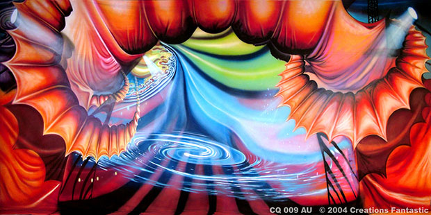 A colorful mural with swirling abstract shapes, red arches, a central vortex, and a background gradient of blue and green hues creates an almost magical scene. Text in the corner reads "© 2004 Creations Fantastic" alongside the subtle mark of Cirque 4.