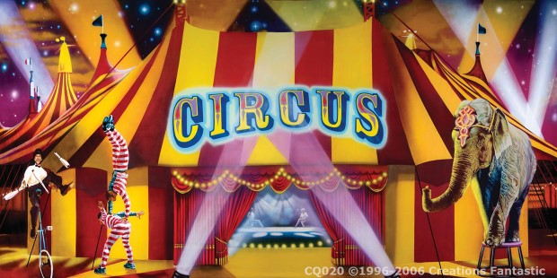 A vibrant circus scene with performers on a unicycle, balancing, and an elephant in front of the Big Top, a large striped circus tent with "CIRCUS" written above the entrance.