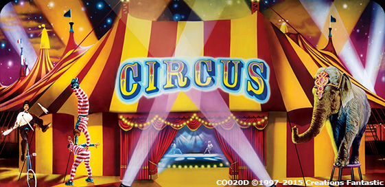 A vibrant circus scene featuring performers in colorful costumes, an elephant, and a big top tent with a sign reading "CIRCUS" lit up in the center creates the perfect party backdrop.