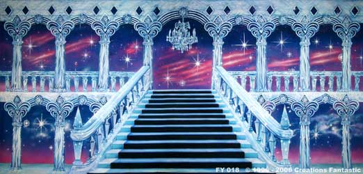 An ornate staircase leads to a grand balcony with marble-like elements and a sparkling chandelier, reminiscent of the Crystal Palace. The backdrop displays a cosmic scene with stars and nebulae.
