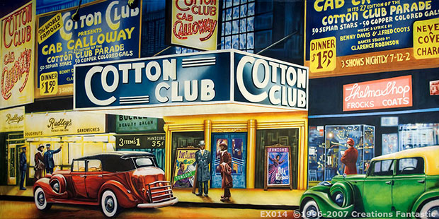 Colorful vintage street scene featuring the exterior of the Cotton Club, with classic cars and illuminated signage advertising performances and shops in the background.