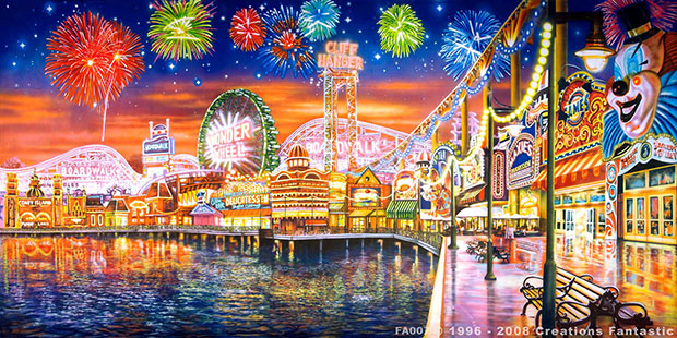 Illustration of a lively amusement park at night with fireworks in the sky, a ferris wheel, roller coasters, colorful lights along the boardwalk, and vibrant reflections in the water.