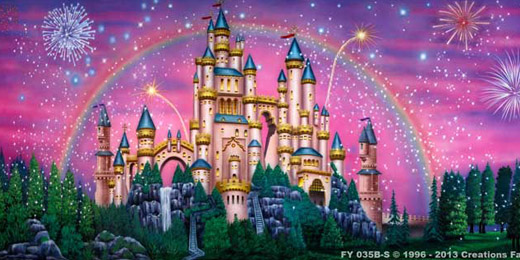 A colorful illustration of a fairy tale castle with fireworks, a rainbow, and a starry sky in the background. The enchanting castle is surrounded by lush green trees.