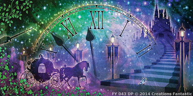 A clock with Roman numerals is superimposed over a night sky. Below, a horse-drawn carriage and a castle atop a staircase can be seen, reminiscent of Disney's Cinderella. A blue slipper lies on the steps. Vines and stars also adorn this enchanting fairy tale scene.