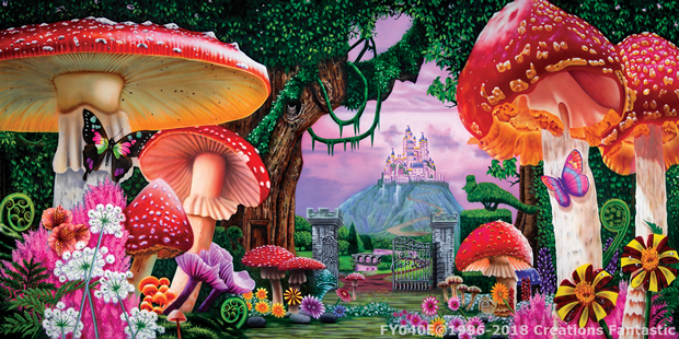 Wonderland 1E Alice in Wonderland Backdrop with Giant Mushrooms