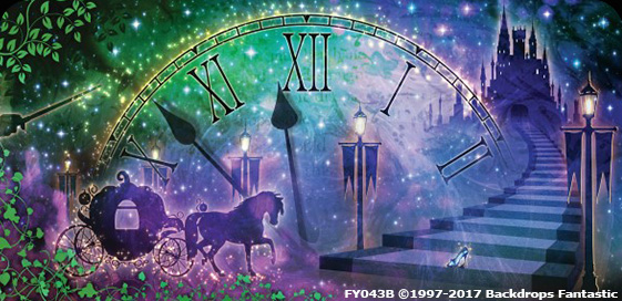 A Cinderella-inspired fantasy scene with a horse-drawn carriage, a large clock showing Roman numerals, a starry sky, and a staircase leading to a castle. A perfect party backdrop. Text "FY043B ©1997-2017 Backdrops Fantastic" is in the bottom right.