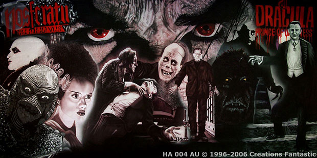A collage of classic horror movie characters, including Dracula, Frankenstein's monster, and the Wolfman, against a dark, eerie background. Text: "Nosferatu," "Dracula," and "HA 004 AU © 1996-2006 Creations Fantastick.