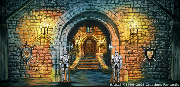 A stone archway leads to an illuminated castle interior featuring a grand staircase and large wooden doors. Two armored knight statues flank the entrance, while the walls, adorned with shields and lit by sconces, exude regal charm.
