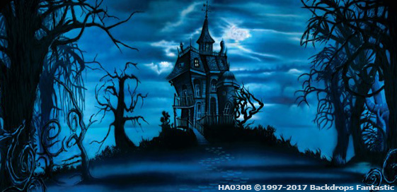 An eerie night scene depicting a solitary, spooky house surrounded by twisted trees under a blue-toned sky, creating the perfect creepy backdrop.