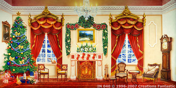 Victorian Parlour Interior with christmas tree, fireplace and grandfather clock