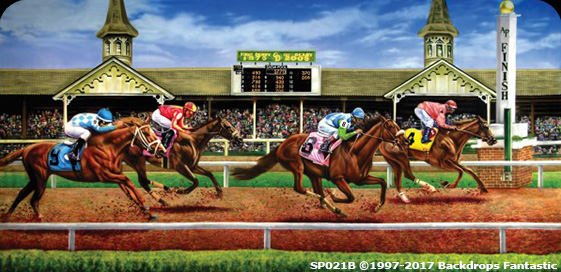 Five racehorses with jockeys in different colored uniforms are racing towards the finish line at a horse racing track. With spectators cheering in the background and a scoreboard above, this thrilling scene makes for an ideal Horse Racing party backdrop.