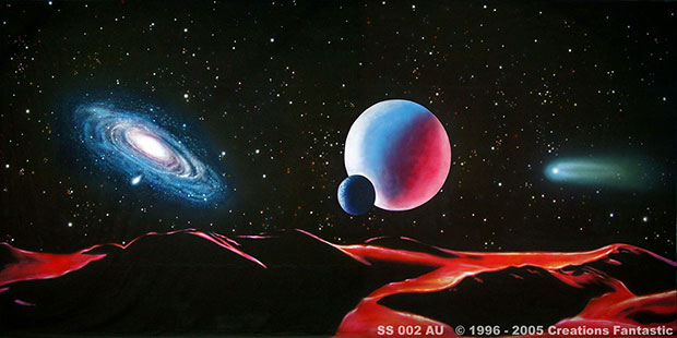 A cosmic scene in deep space depicts a spiral galaxy, two planets, and a comet over a red, rocky landscape.