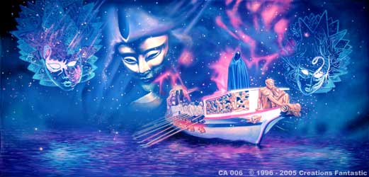 A surreal artwork depicts a boat carrying people on a cosmic sea, surrounded by mysterious floating faces and a cloaked figure, evoking the mystique of a Venetian Carnival with vibrant colors and celestial elements.