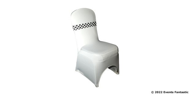 A white chair with a black and white checkered band around the backrest, draped in a fitted white cover.