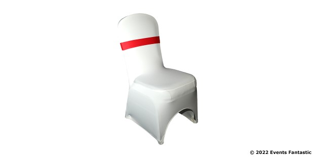 White chair with a red Lycra band around the backrest, covered in a smooth fabric slipcover.