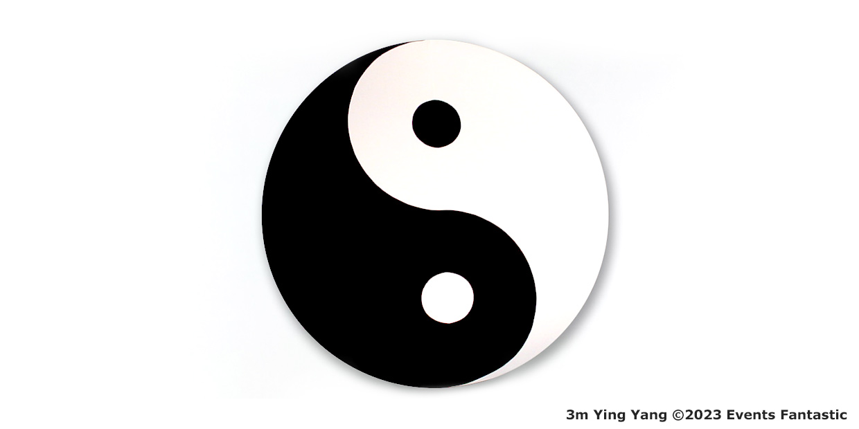 A black and white yin-yang symbol is displayed, featuring complementary shapes within a circular form. The image also includes text: "3m Yin Yang Prop ©2023 Events Fantastic".