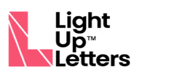 Logo with a pink triangle on the left and geometric designs to the right, featuring light-up letters for a modern touch.