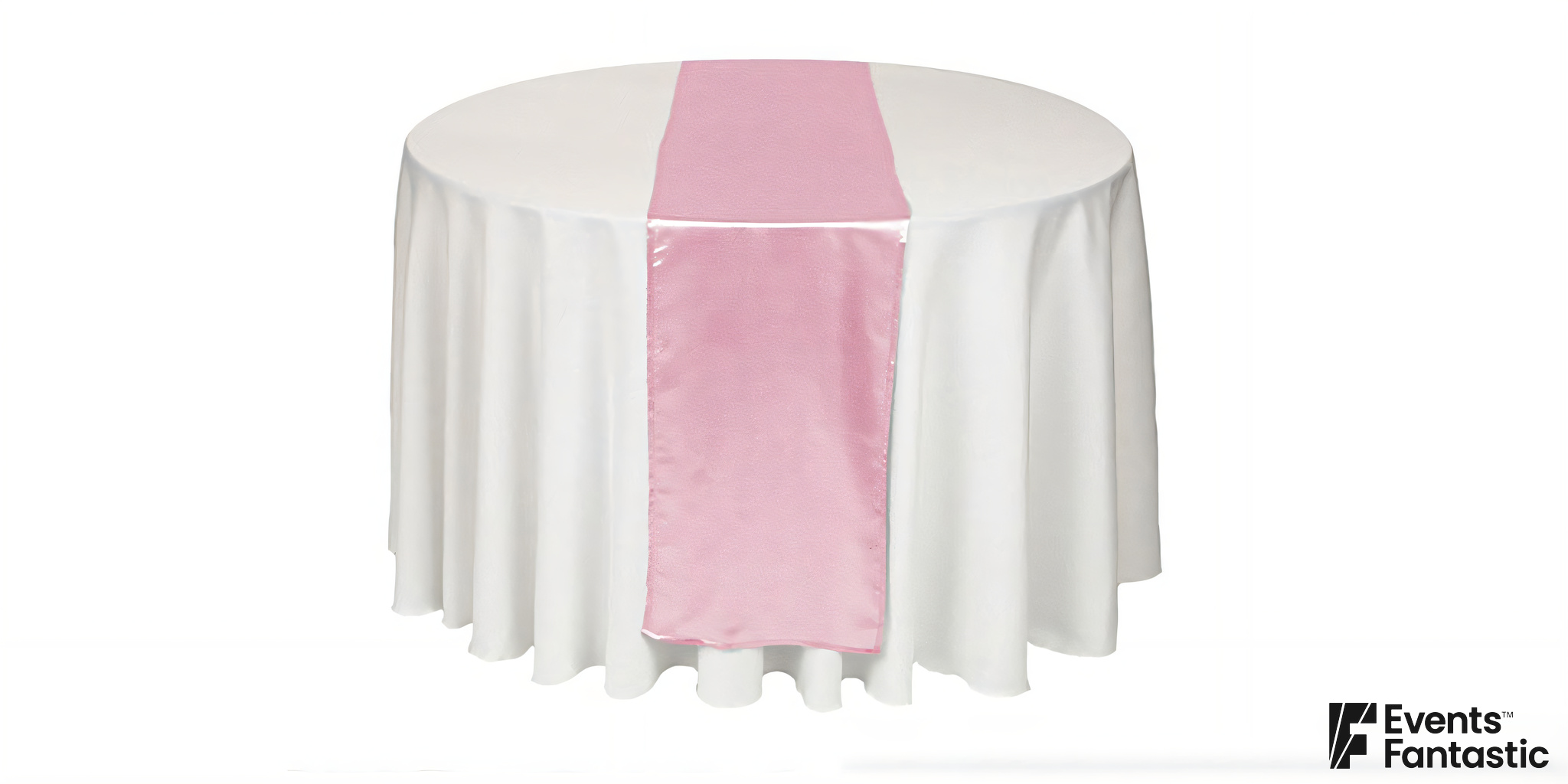 White table with a pink satin table runner.