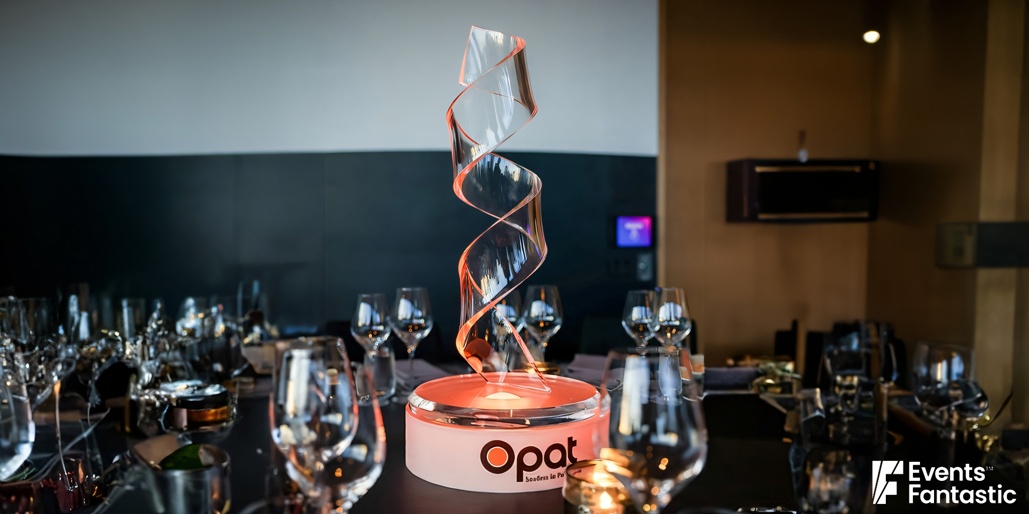 Perspex ribbon centerpiece gracefully sits on a table set with wine glasses and cutlery, showcased at the "Opal" event by Events Fantastic.