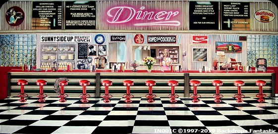A retro 50’s diner interior with red stools, a checkered floor, a counter adorned with food and drink items, and menu boards above listing various food options—perfect as a nostalgic party backdrop.