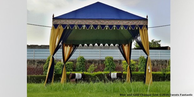 Blue and Gold Chaupal Indian Tent on Grass