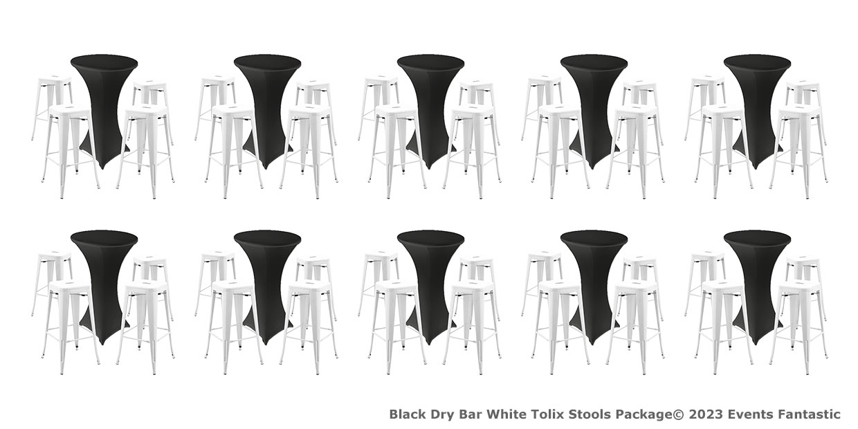 A series of black high-top tables each surrounded by four white bar stools, arranged in three rows of four. Text reads: "Black Dry Bar White Tolix Stools Package© 2023 Events Fantastic", ideal for setting up your chill out pod.