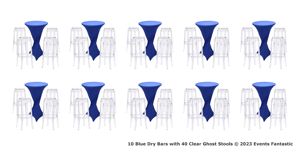 Ten Blue Dry Bars, each surrounded by four Clear Ghost Stools, are arranged in a grid pattern. Text at the bottom reads "10 Blue Dry Bars with 40 Clear Ghost Stools Package © 2023 Events Fantastic.