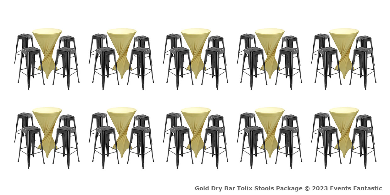 Six gold-draped high-top tables, each surrounded by four black bar stools, are arranged in three rows of two. Text in the lower-right reads "Gold Dry Bar Tolix Stools Package © 2023 Events Fantastic.