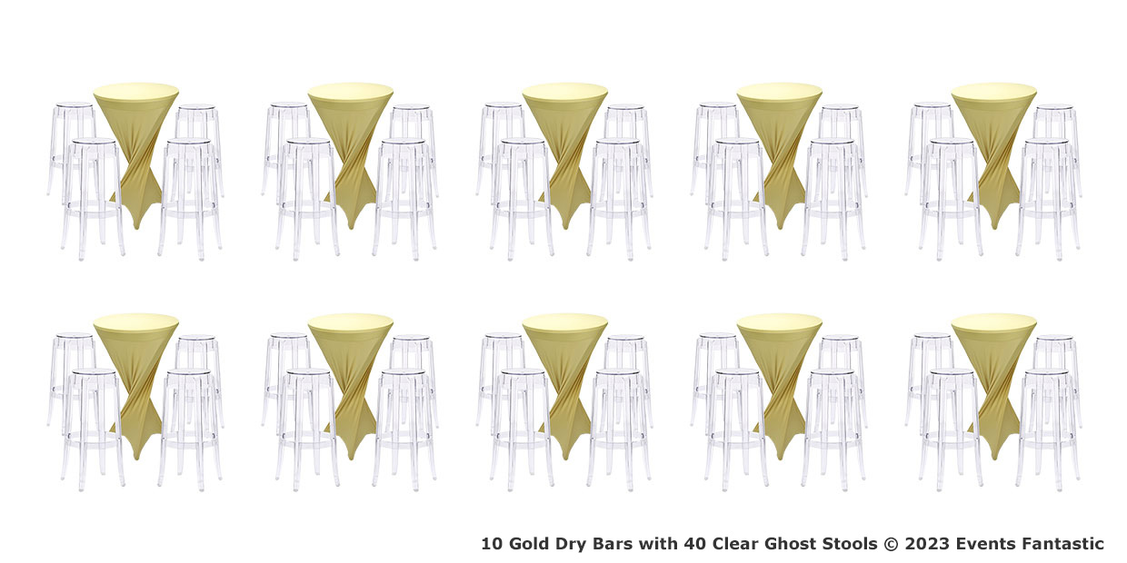 This package includes ten gold dry bars, each topped with a clear tablecloth and surrounded by four elegant Clear Ghost Stools.