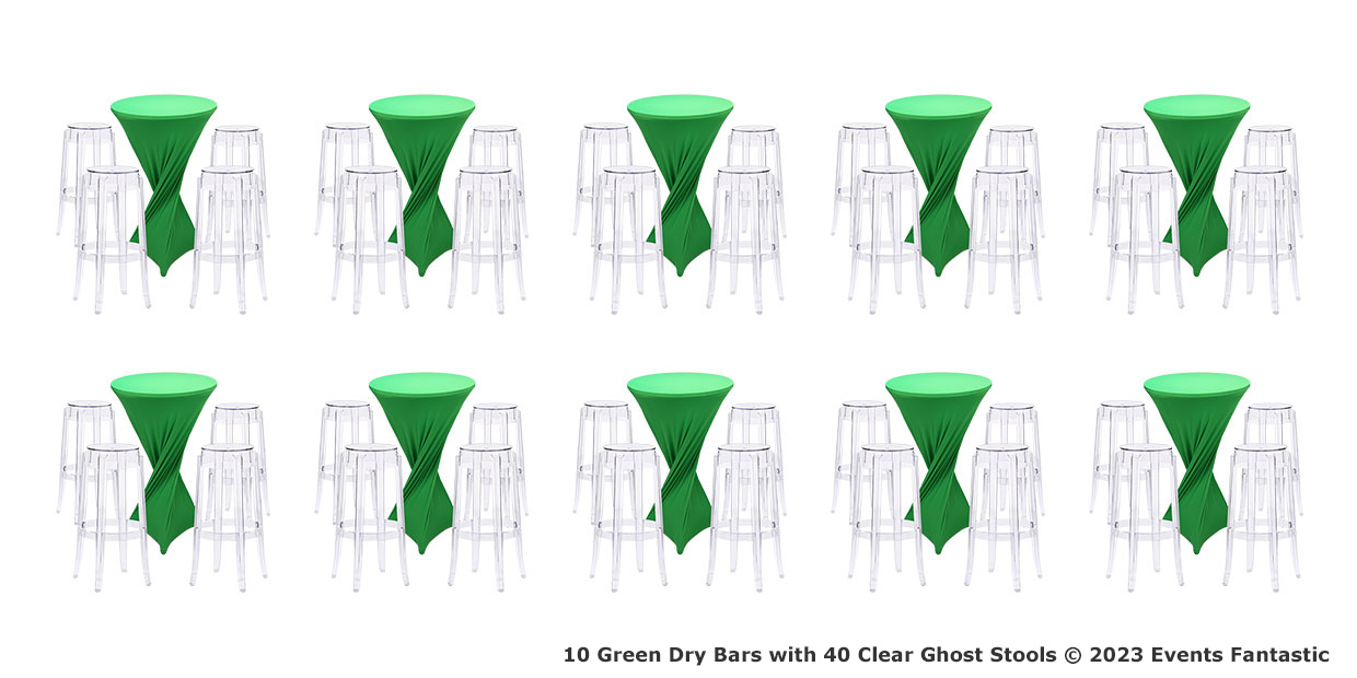 Arrangement of 10 Green Dry Bars covered with green tablecloths, each surrounded by 4 clear ghost stools. This exclusive package features sleek and stylish seating for your next event. Text at the bottom reads: "10 Green Dry Bars with 40 Clear Ghost Stools © 2023 Events Fantastic.