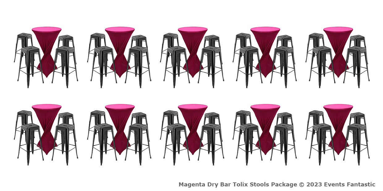 Rows of high tables with magenta cloth covers, each surrounded by four gray Tolix bar stools. Title text reads, "Magenta Dry Bar Tolix Stools Package © 2023 Events Fantastic".