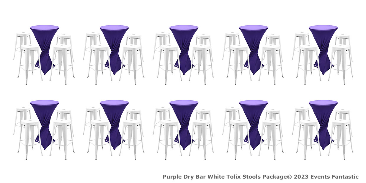 Rows of round bar tables with purple tablecloths, each surrounded by four white Tolix stools. Text at bottom reads "Purple Dry Bars White Tolix Stools Package© 2023 Events Fantastic".