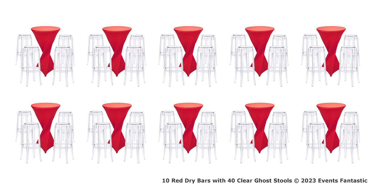 Ten red dry bars paired with a total of forty clear ghost stools, arranged in a grid pattern. Caption reads: "10 Red Dry Bars with 40 Clear Ghost Stools Package © 2023 Events Fantastic.
